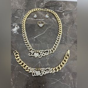 New! 18K Gold Plated, I Love You Cuban Link 4 Piece Jewelry Set